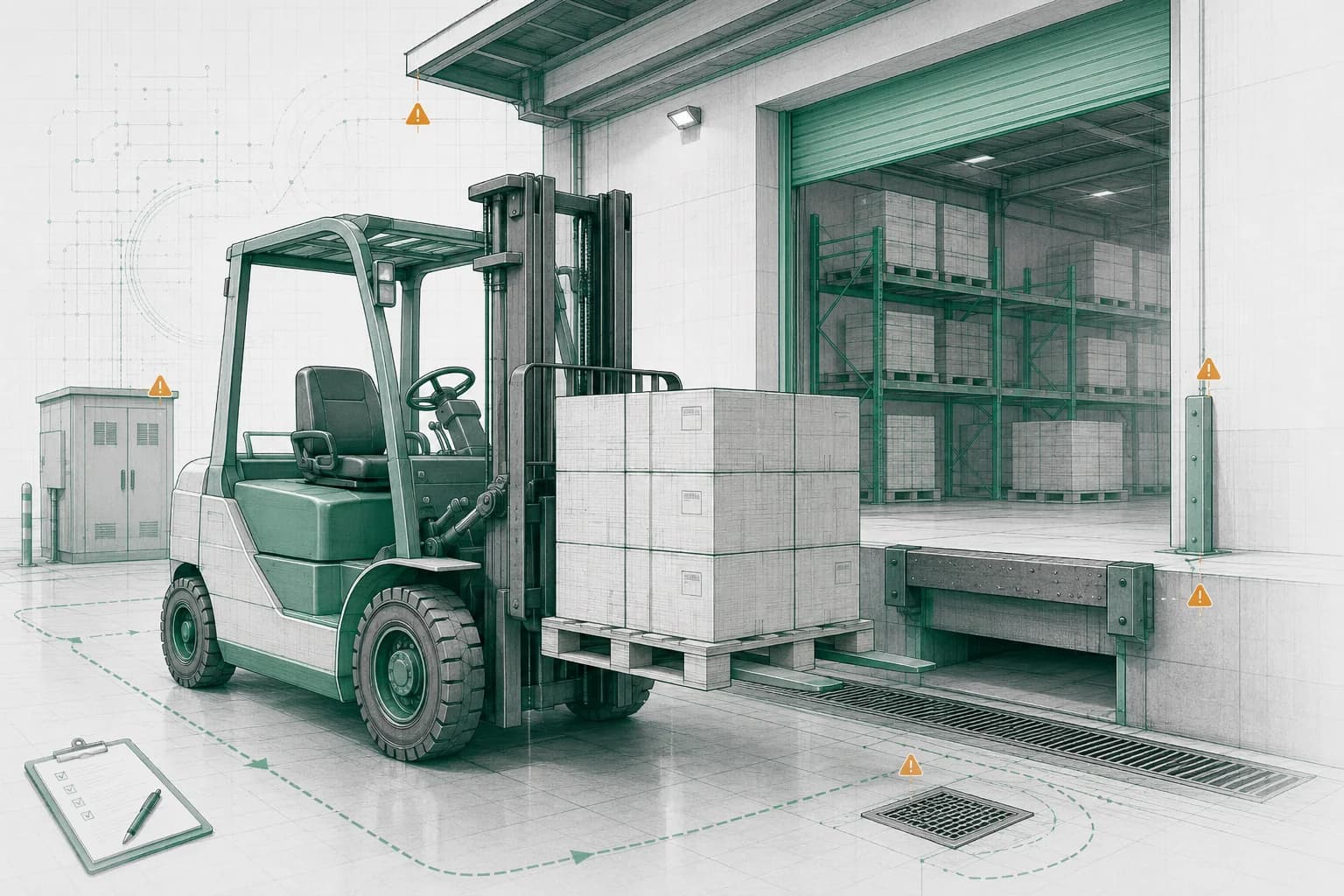 Bản vẽ blueprint sơ đồ phòng ngừa rủi ro nhà xưởng và kho hàng